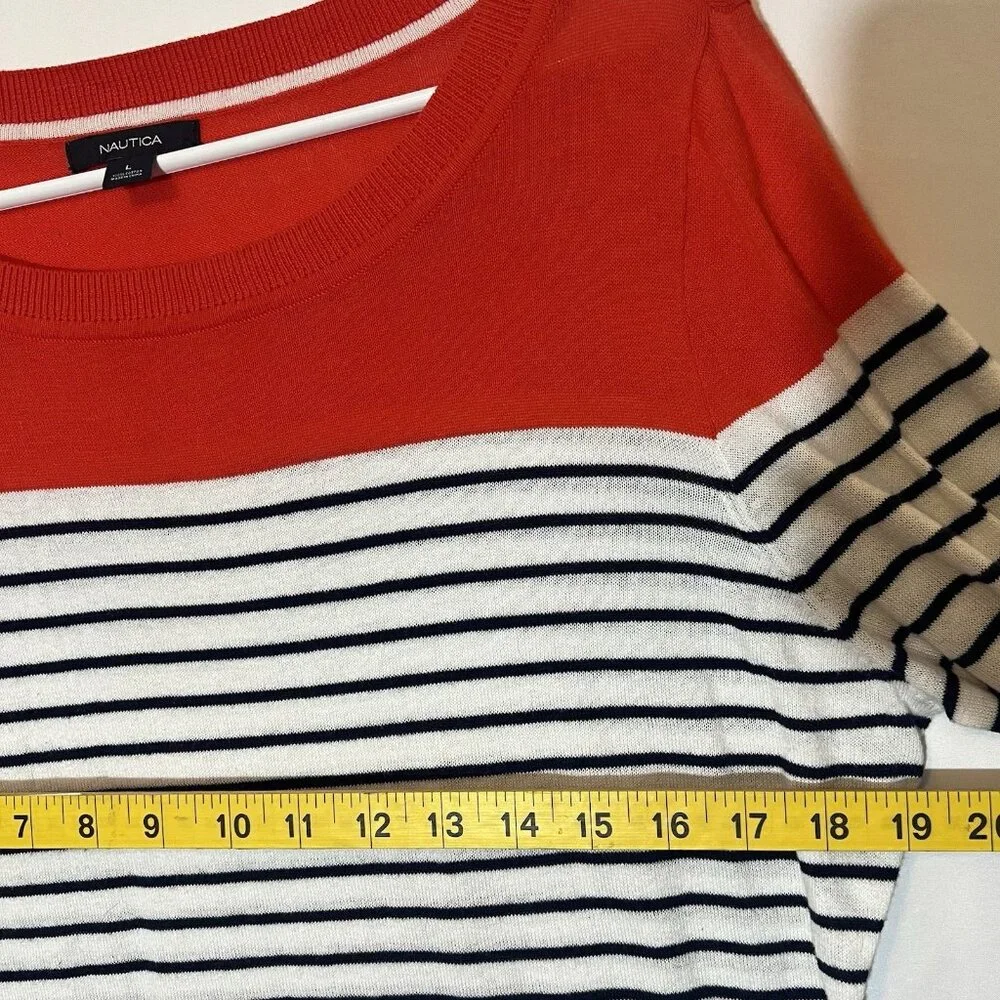 Nautica Women’s Sweater 100% Cotton Striped Size Large Red Coastal Sea Boat